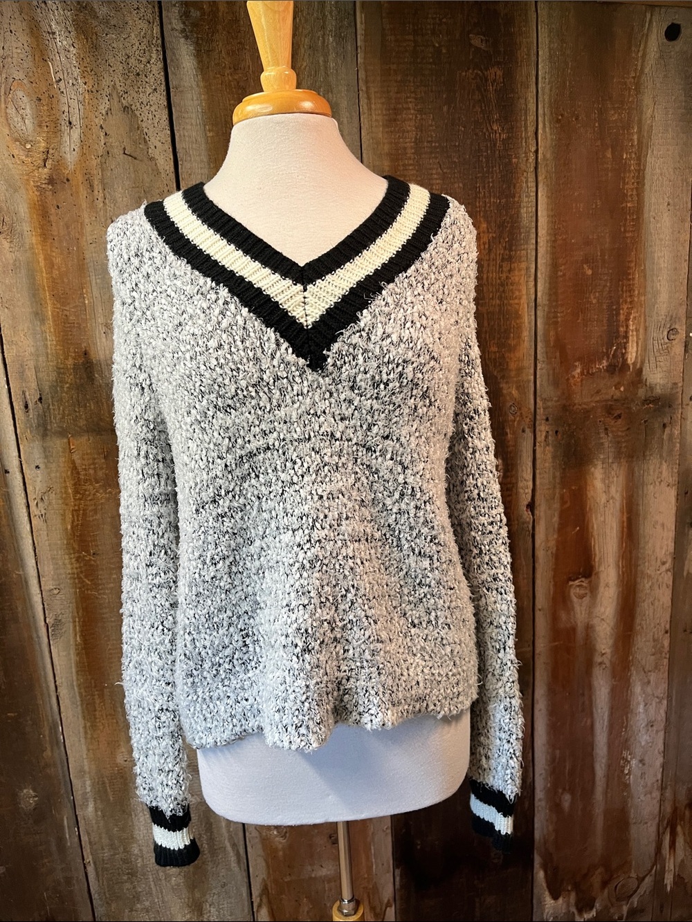 SO Varsity boucle V-Neck Sweater in Heather Gray with Black & Cream Trim